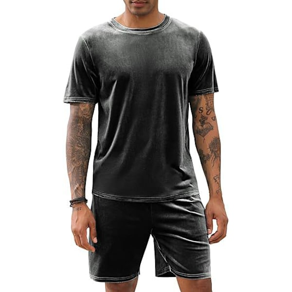Mænd Velour Skjorte Trøje Shorts 2 Dele Outfits Tracksuit grey 2XL