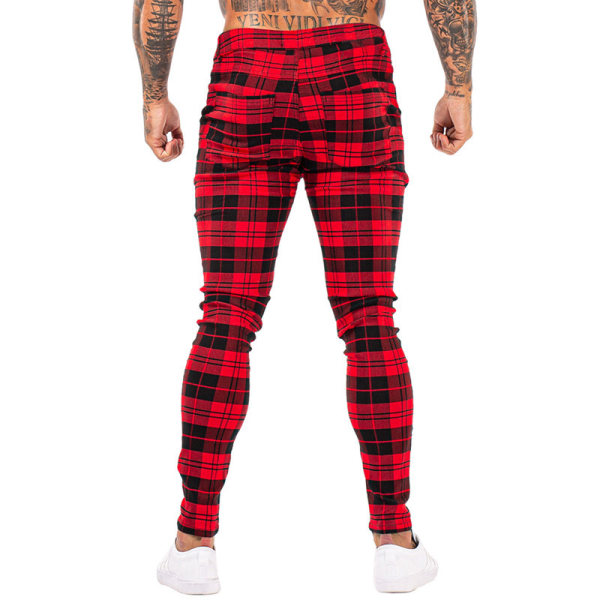 Mænds Chino Bukser Skinny Fit Plaid Stilfulde Casual Business Dress Bukser Red 3XL