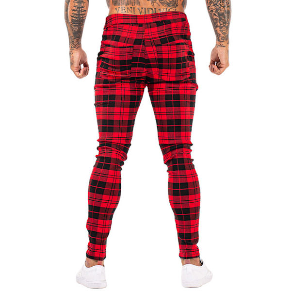 Mænds Chino Bukser Skinny Fit Plaid Stilfulde Casual Business Dress Bukser Red XL