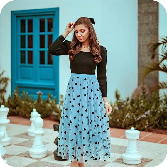 Dame Sort 3D Posy Dobbeltlags Mesh Midi Skørt Blue M
