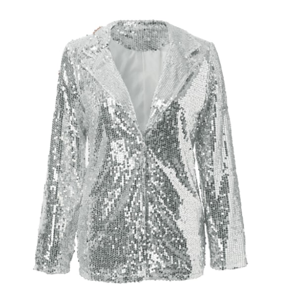 Kvinnors Sekvensbluse Glitter Glimrande Öppen Fram Casual Långärmad Blazer Kavaj Sliver L