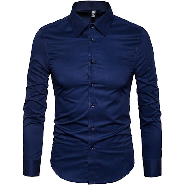 Miesten Slim Cotton Pitkähihainen Napit-Paita Blue L