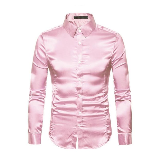 Casual enfärgad glänsande långärmad tröja för män Pink 2xl