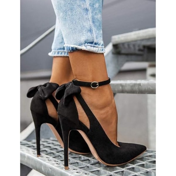 Naisten Jousi Solki Takana Korkokengät Seksikäs Stiletto Nilkkaremmi Häämekko Kengät Black 41
