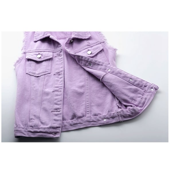 Ärmlös Candy Color Ripped jeansväst för kvinnor Purple 2XL