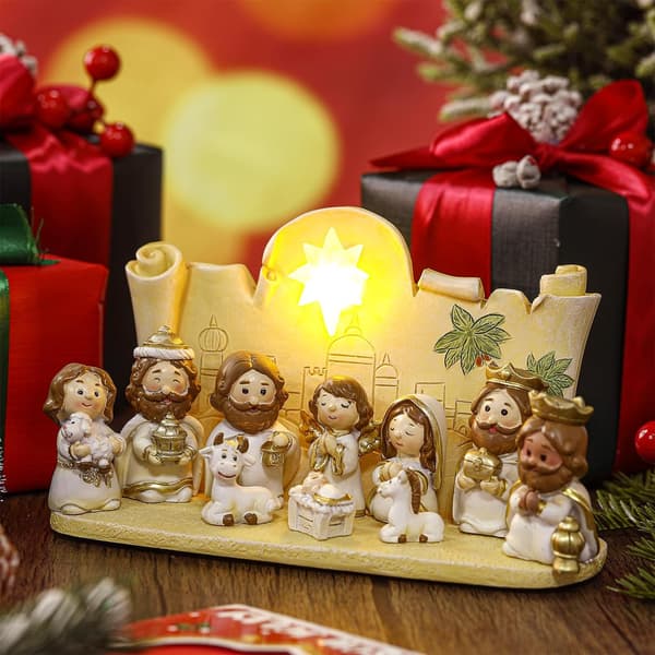 11-delad Mini Julkrubba med Liten Figuriner och Ljus
