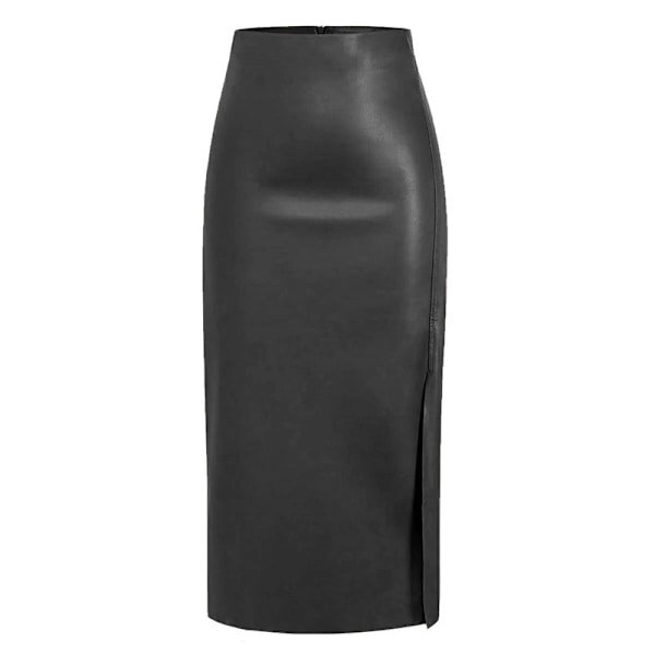 Kvinnors Högmidjade Split Thigh Lång Pu Läder Bodycon Kjol Black L