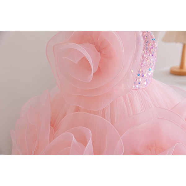 Flicka Tredimensionella Blommor Mesh Prinsessklänning Baby Flicka Blomsterflicka Bröllopsklänning pink 120cm