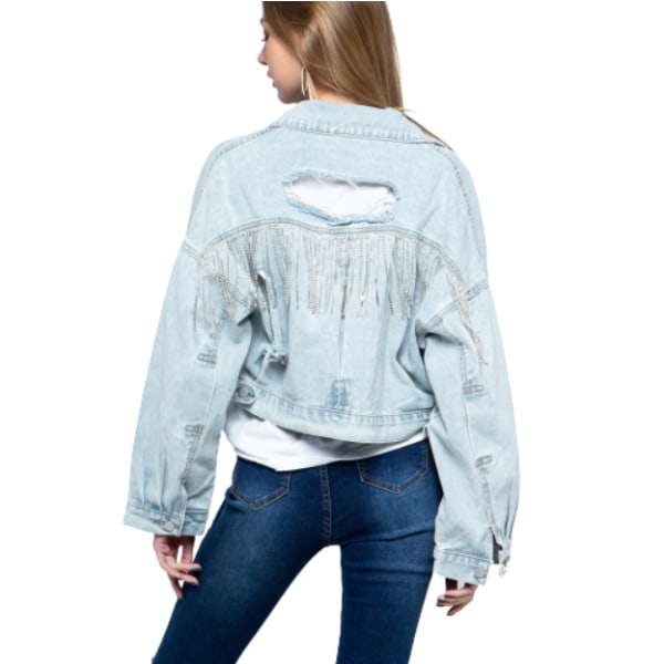 Långärmad jeansjacka för damer med fransar Light Blue XL