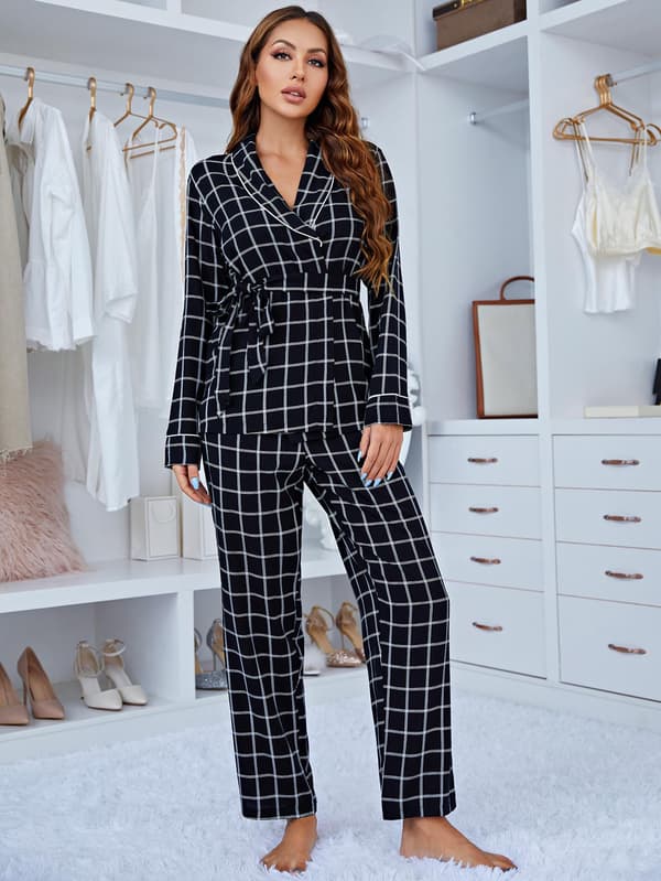 Dame Plaid Langærmet Pyjamas Todelt Sæt S