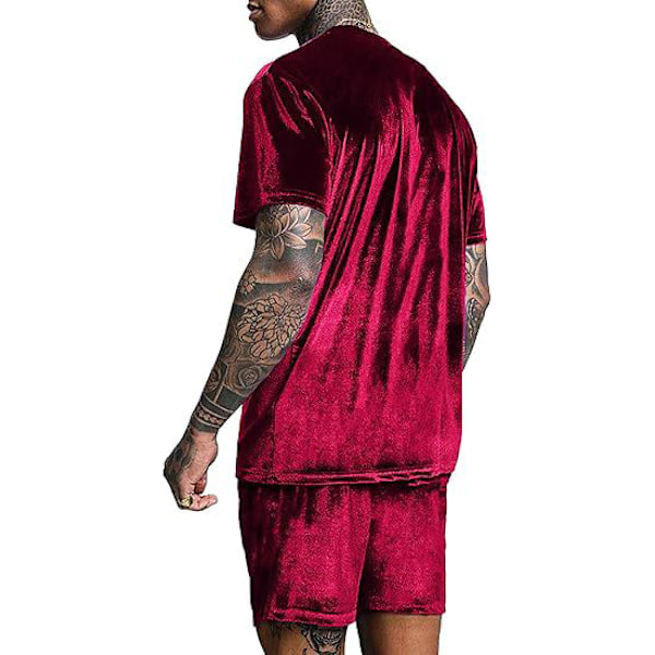 Mænd Velour Skjorte Trøje Shorts 2 Dele Outfits Tracksuit Red L