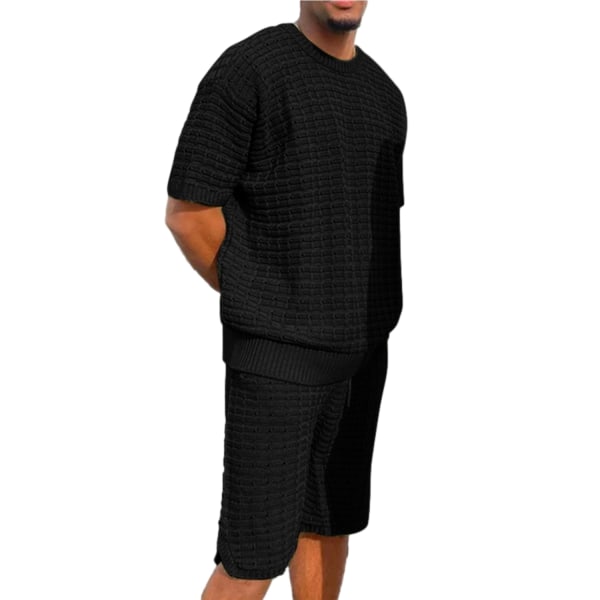 Mænds Plaid Kortærmet Shorts Casual Sports Suit Black L