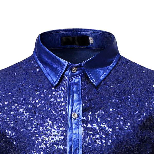 Herr paljetter långärmad skjorta Metallic 59-talsskjorta Button-Down skjortor Blue S