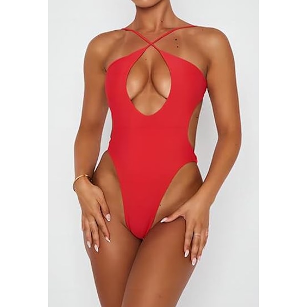 Sexig baddräkt i ett stycke med korsad halterneck Red 2XL