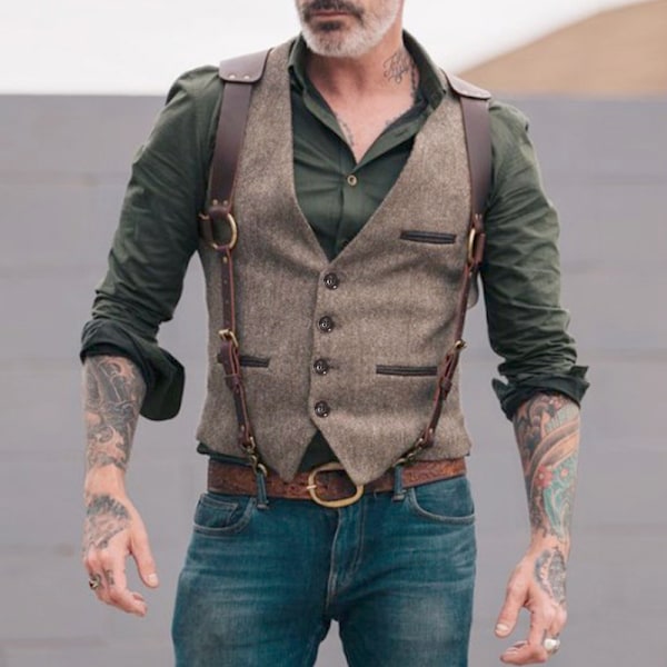 Herrväst i mockaläder, casual väst med V-ringning och smal passform i western cowboystil XL