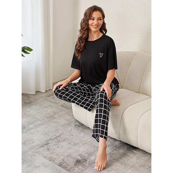 Dame Lounge-sett i bomull og lin med kort erme - Pyjamas - Løstsittende loungewear Black L