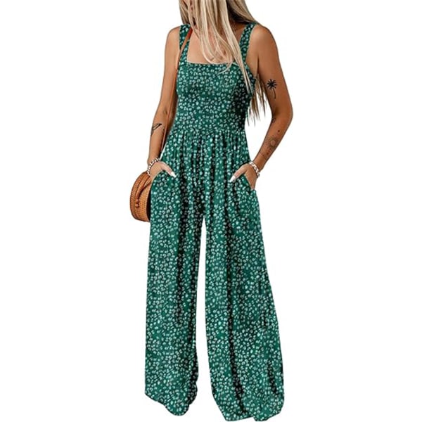 Dame Casual Løse Overalls Jumpsuits Enkeltstykke Ærmeløs Trykt Bredbenet Bukser green S