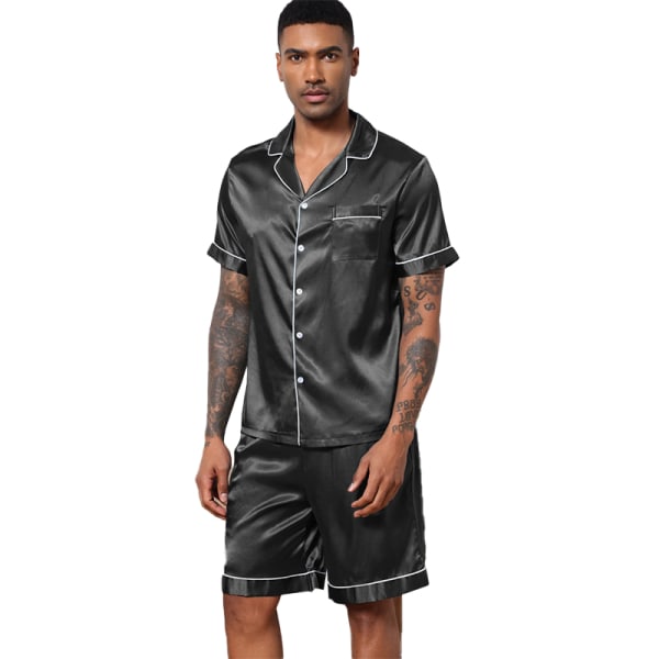 Men Satin Pyjamas Set 2 st Loungewear Button Down Pjs Set black XL
