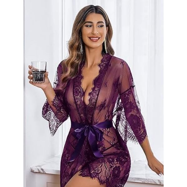 Naisten Pitsi Kimono Takki Babydoll Alusvaatteet Mesh Yöpaita Purple 3XL