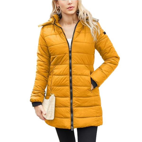 Naisten Huppuinen Kevyt Lämmin Thermolite Pitkä Puffer Takki Yellow XXXL
