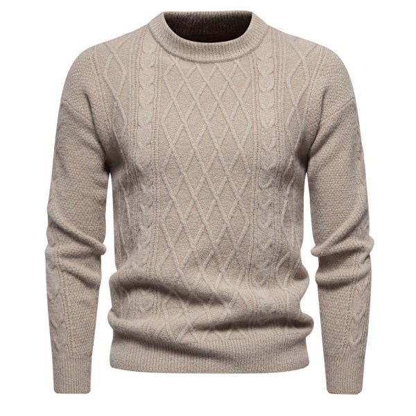 Herrar Rundhals Casual Pullover Tröja i Solid Färg Khaki M