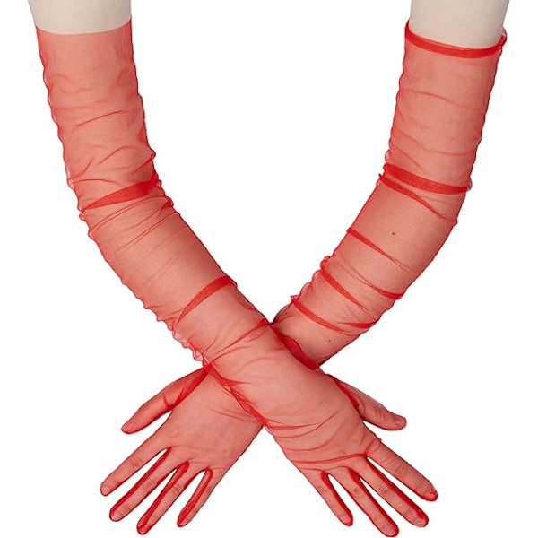 Lange hansker for kvinner, mesh-tulle hansker Red