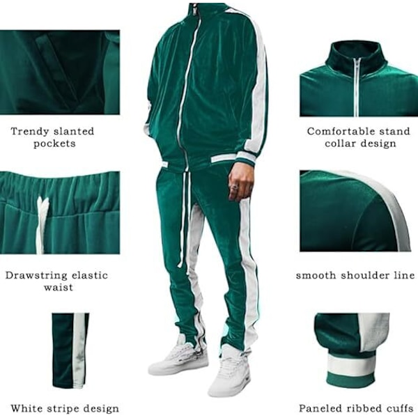 Mænds 2-delt fuld lynlås Tracksuits Fløjl Sportsdragter green XL