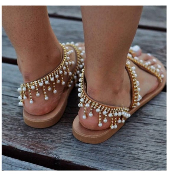 Bröllopssandaler Rhinestone Pearl Bling Flat Sandaler 36