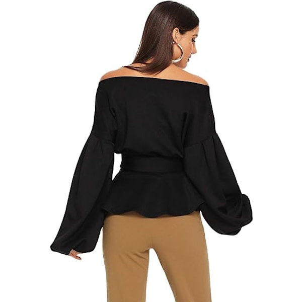 Kvinners stroppeløs langærmet V-hals ruffle skjorte Black 2XL