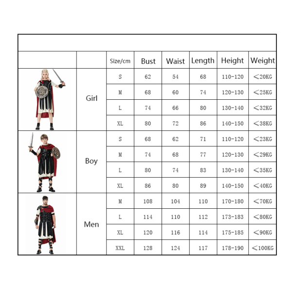 Romersk Kriger Kostume Sæt til Drenge Piger Mænd Girl-S