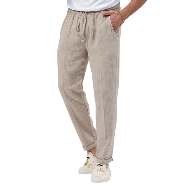 Herr Bomull Linne Byxor Elastiska Dragsko Midja Strandbyxor Beige L
