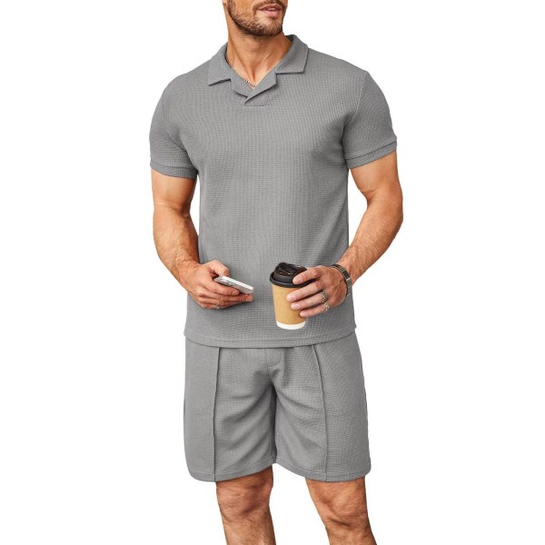 Herre Waffle Knit Polo Skjorte og Shorts Sett 2 Deler Antrekk Sommerdrakt Grey 3XL