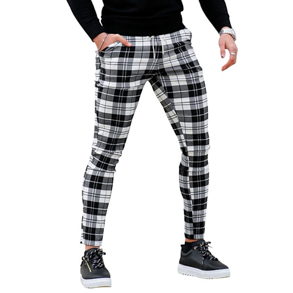 Miesten Chino-housut, hoikka istuvuus, ruudullinen, tyylikäs, arkikäyttöön ja juhliin White L