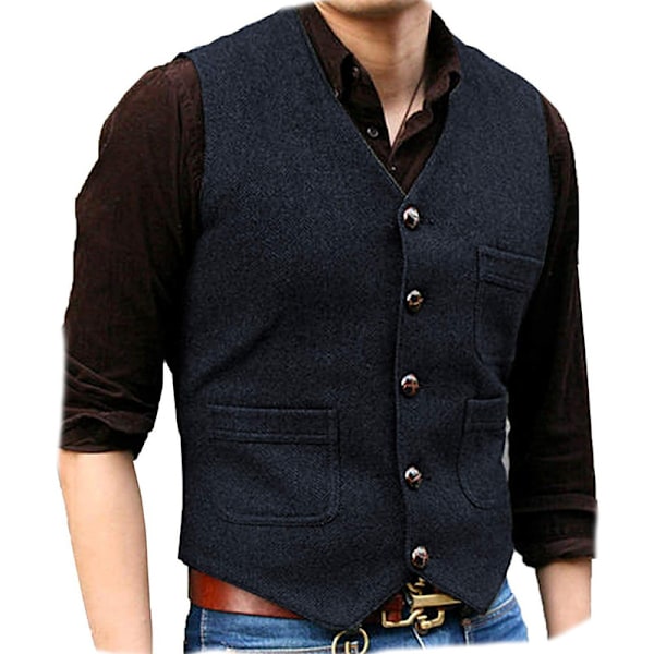Herrar Vintage Tweed Väst V-ringad Casual Ull Väst Navy Blue XL