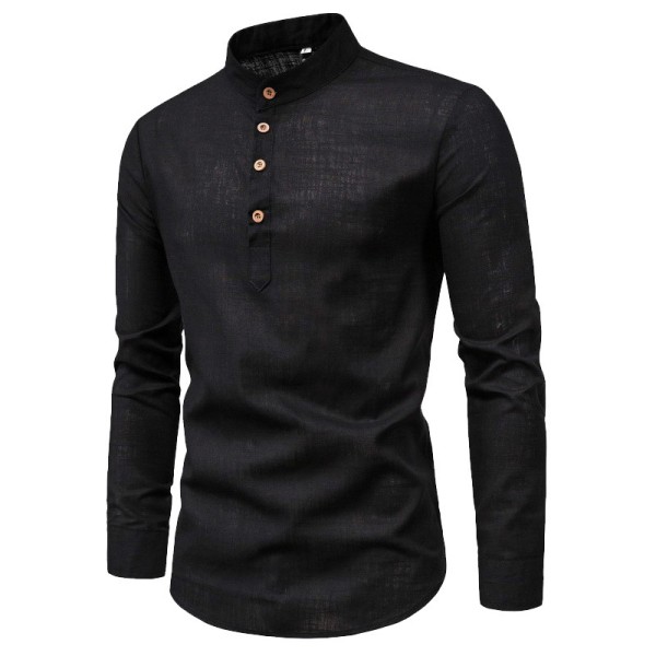 Henley-halsade långärmade linneskjortor för män black 2XL