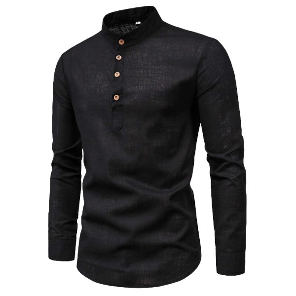 Henley-halsade långärmade linneskjortor för män black 3XL