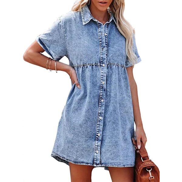 Kvindes Kortærmet Knaplåst Flydende Lagdelt Babydoll Denim Kjole Blue 2XL