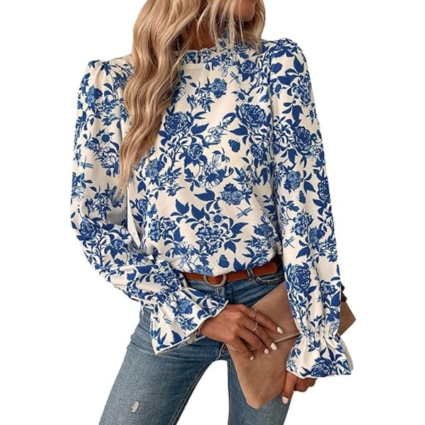 Blouse med blomsterprint, lange ærmer, flæser, høj hals til kvinder M