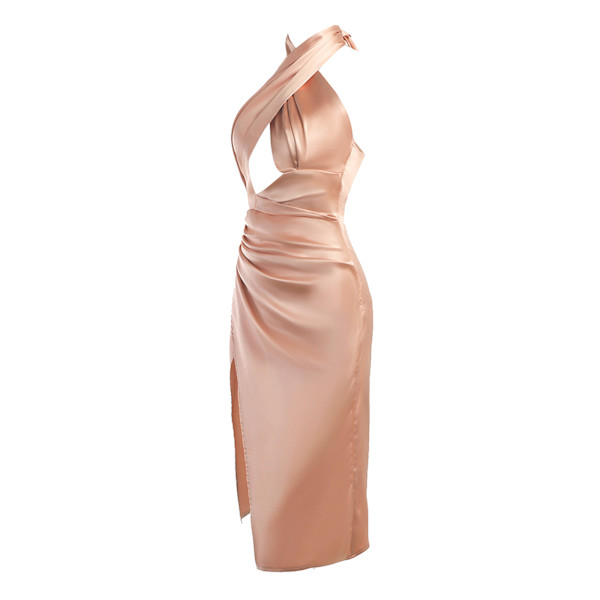 Kvinnors Halterneck Ärmlös Sexig Split Cocktail Party Midi Klänning champagne L
