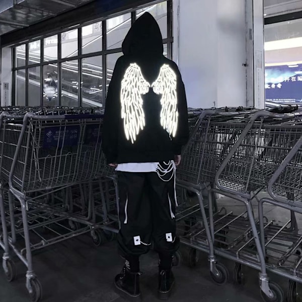 Reflekterande Fleece Hoodie med Ängelvingar Grafisk Gotisk Huvtröja för Män XL