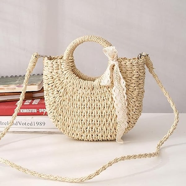 Handvävd Rattanväska för Kvinnor Bohemisk Halmväska Beige