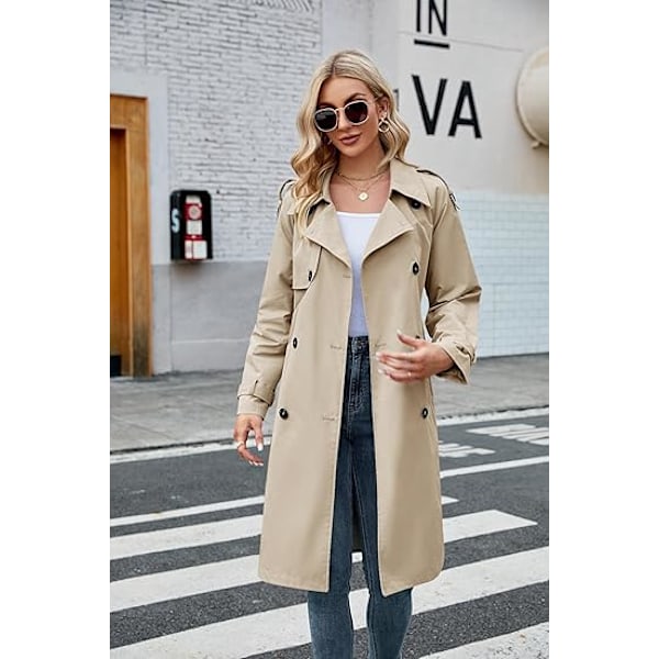 Dame Lang Dobbeltbrystet Trenchcoat med Bælte Khaki M