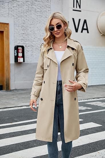 Dame Lang Dobbeltbrystet Trenchcoat med Bælte Khaki S