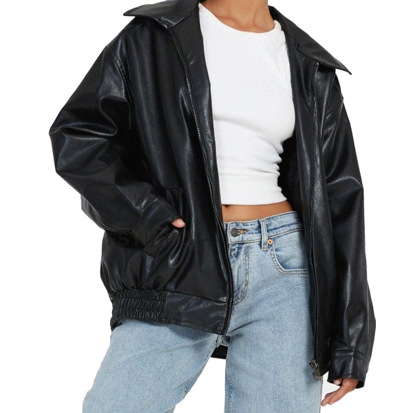 Oversized Jakke for Kvinner, Kunstlær Motorsykkel Plus Size Moto Biker Jakke Black XL