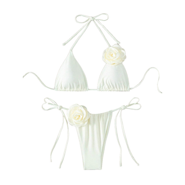 Dam 2-delad 3D Ros Bikini Baddräkt Hög Midja Badkläder Strandkläder white L