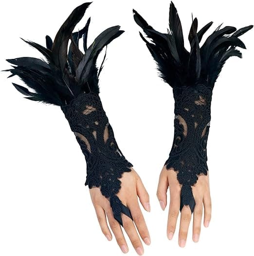 Kvinders Sorte Blonder Fjer Handsker Hexe Engel Kostume Tilbehør Black