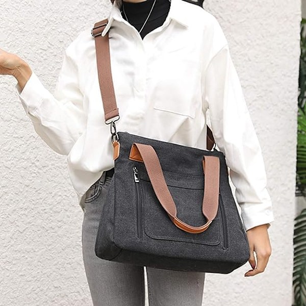 Kvinnors Canvas Tote Portmonnä Work Shoulder Crossbody Bag Black