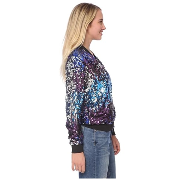 Kvinners Sequin Fitted Lang Ermet Glidelås Blazer Bomberjakke Blue L
