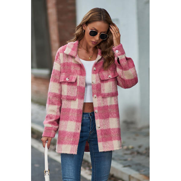 Dametøj Langærmet Casual Plaid Shacket Jakker Skjorter Lapel Tweed Peacoat Pink M