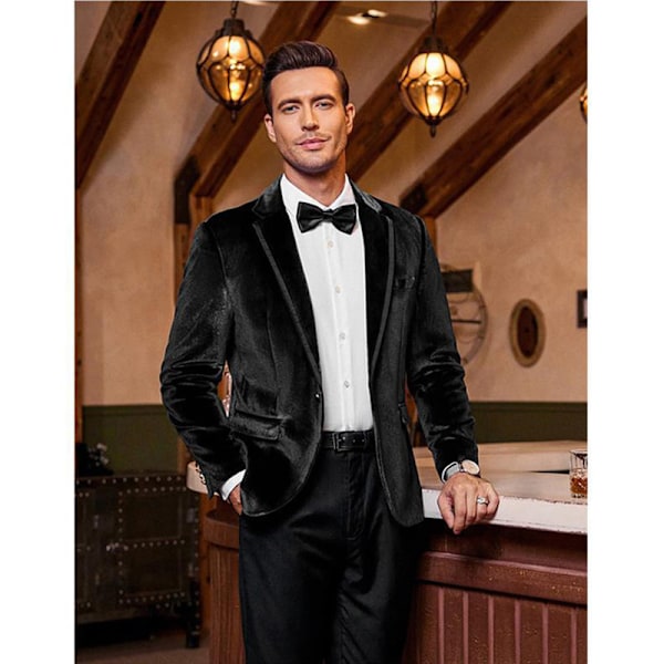 Mænds Fløjl Blazer med Hakket Rever og En Knap - Velour Smokingjakke Black L